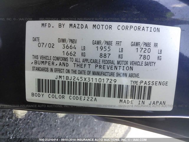 JM1BJ245X31101729 - 2003 MAZDA PROTEGE PR5 蓝色 照片 9