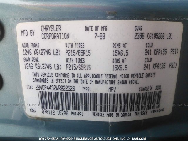 2B4GP4432WR822526 - 1998 DODGE GRAND CARAVAN SE TEAL photo 9