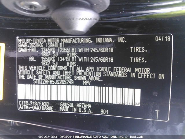 5TDZZRFH5JS265249 - 2018 TOYOTA HIGHLANDER LE/LE PLUS BLACK photo 9