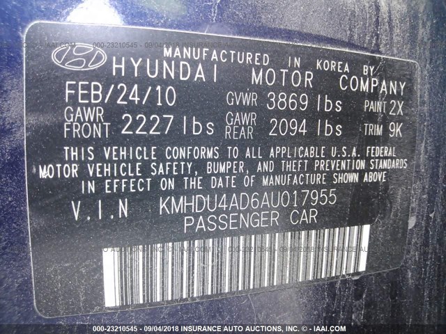 KMHDU4AD6AU017955 - 2010 HYUNDAI ELANTRA BLUE/GLS/SE BLACK photo 9