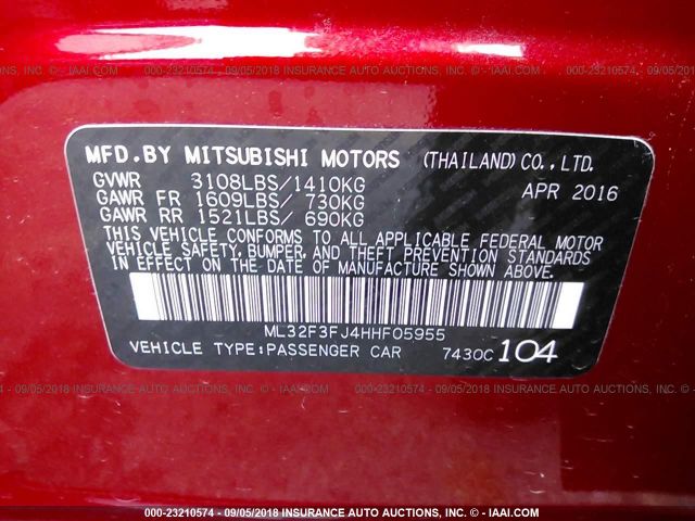 ML32F3FJ4HHF05955 - 2017 MITSUBISHI MIRAGE G4 ES Rojo foto 9