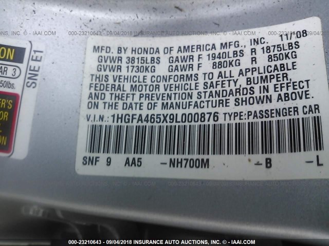 1HGFA465X9L000876 - 2009 HONDA CIVIC GX SILVER photo 9