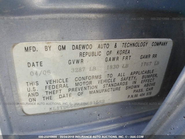 KL1TD66666B681589 - 2006 CHEVROLET AVEO LS Light Blue photo 9