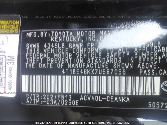 4T1BE46KX7U587056 - 2007 TOYOTA CAMRY NEW GENERAT CE/LE/XLE/SE BLACK photo 9