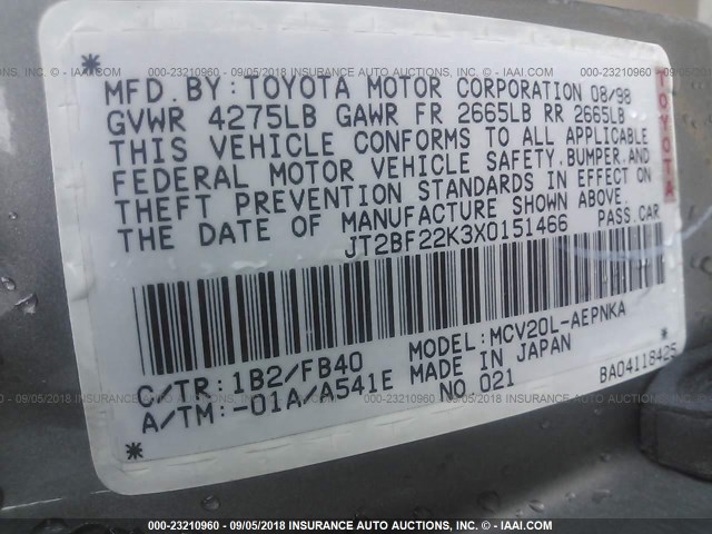 JT2BF22K3X0151466 - 1999 TOYOTA CAMRY LE/XLE GRAY photo 9
