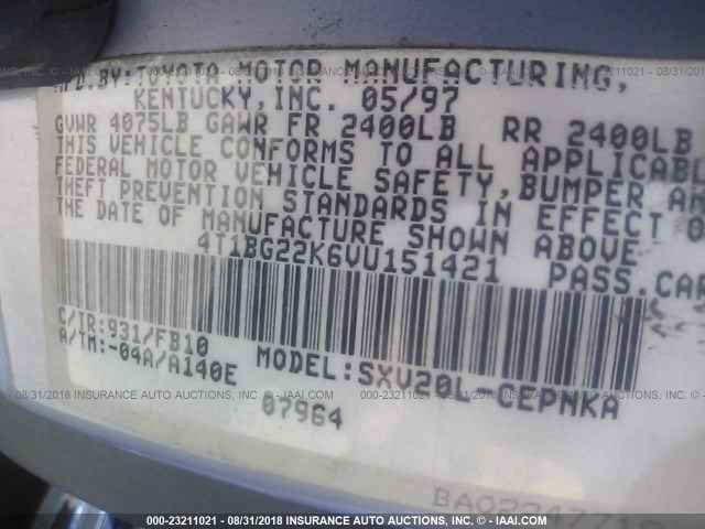 4T1BG22K6VU151421 - 1997 TOYOTA CAMRY CE/LE/XLE 浅蓝色 照片 9