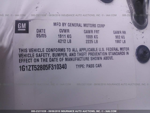 1G1ZT52805F310340 - 2005 CHEVROLET MALIBU LS Ақ фото 9