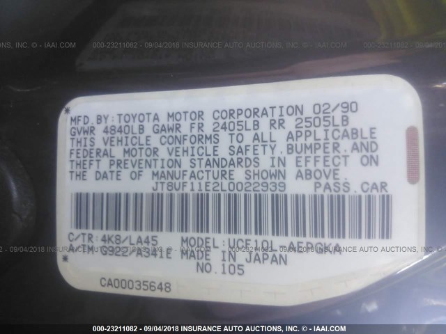 JT8UF11E2L0022939 - 1990 LEXUS LS 400 BURGUNDY photo 9