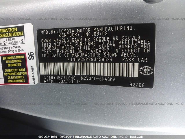 4T1FA38P88U159584 - 2008 TOYOTA CAMRY SOLARA SE/SLE/SPORT SILVER photo 9