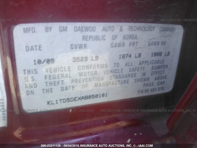 KL1TD5DEXAB050101 - 2010 CHEVROLET AVEO LS/LT 红色 照片 9