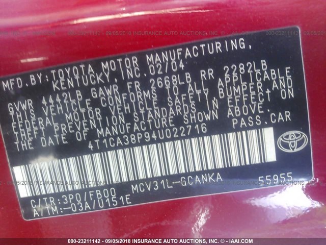 4T1CA38P94U022716 - 2004 TOYOTA CAMRY SOLARA SE/SLE Qırmızı foto 9