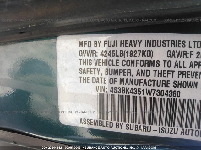 4S3BK4351W7304360 - 1998 SUBARU LEGACY L 青色 照片 9