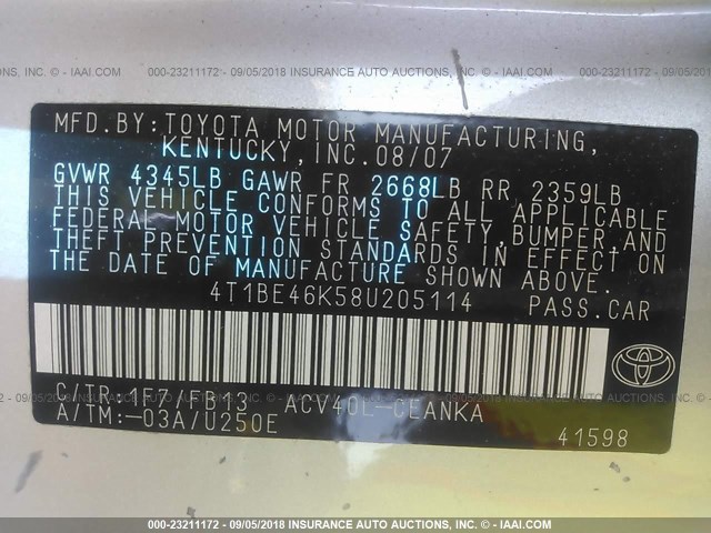 4T1BE46K58U205114 - 2008 TOYOTA CAMRY CE/LE/XLE/SE GRAY photo 9