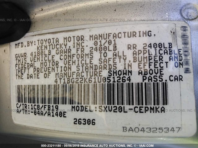 4T1BG22K61U051264 - 2001 TOYOTA CAMRY CE/LE/XLE 银色 照片 9