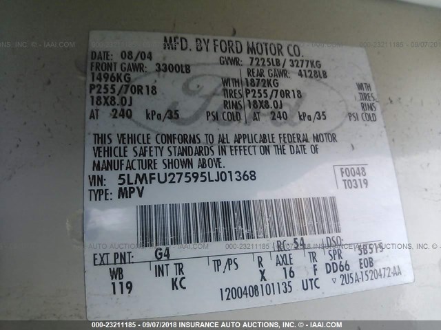 5LMFU27595LJ01368 - 2005 LINCOLN NAVIGATOR Biały zdjęcie 9