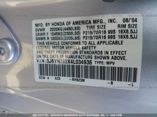 5J6YH283X4L034936 - 2004 HONDA ELEMENT LX SILVER photo 9