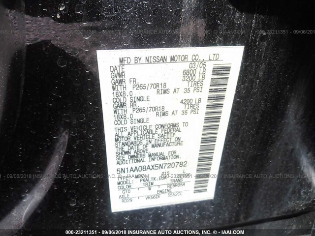 5N1AA08AX5N720782 - 2005 NISSAN ARMADA SE/LE BLACK photo 9