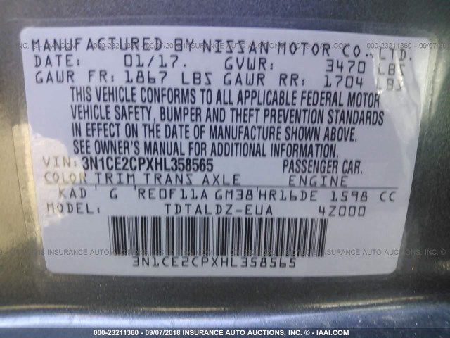 3N1CE2CPXHL358565 - 2017 NISSAN VERSA NOTE S/S PLUS/SV/SL/SR GRAY photo 9