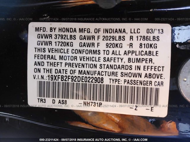19XFB2F92DE022908 - 2013 HONDA CIVIC EXL BLACK photo 9