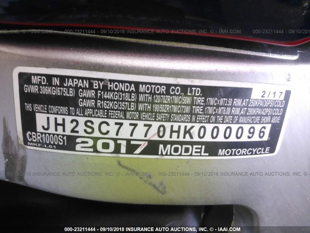 JH2SC7770HK000096 - 2017 HONDA CBR1000 SP RED photo 10
