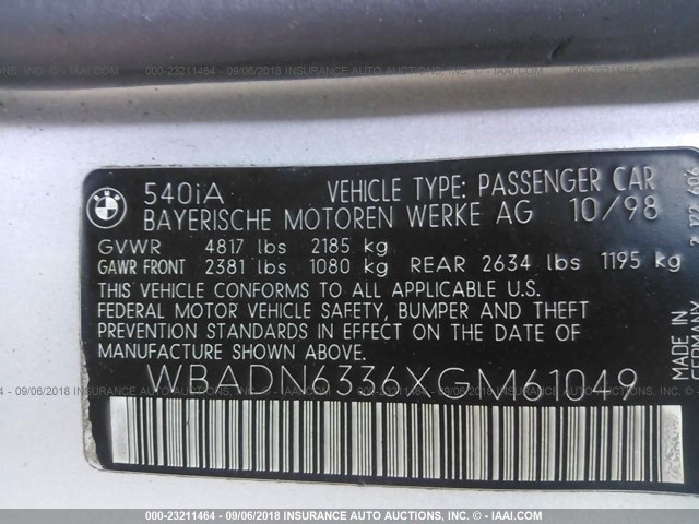 WBADN6336XGM61049 - 1999 BMW 540 I AUTOMATIC SILVER photo 9