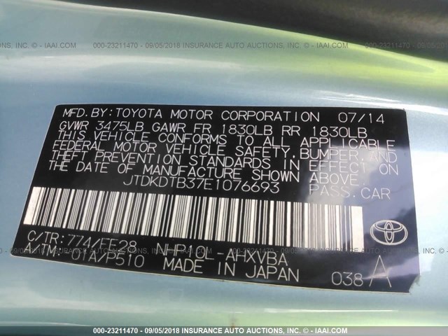 JTDKDTB37E1076693 - 2014 TOYOTA PRIUS C BLUE photo 9