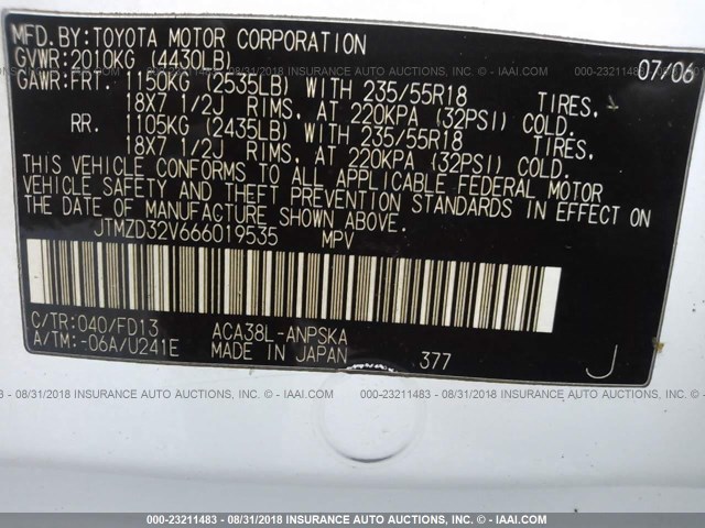 JTMZD32V666019535 - 2006 TOYOTA RAV4 SPORT WHITE photo 9