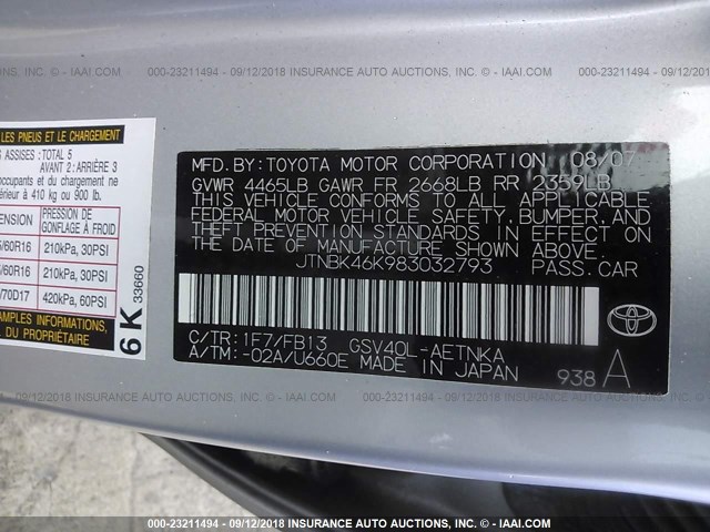 JTNBK46K983032793 - 2008 TOYOTA CAMRY LE/XLE/SE Gümüş foto 9