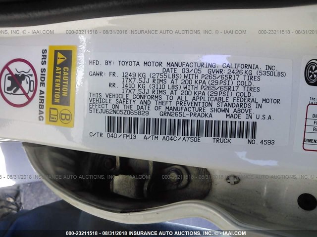 5TEJU62N05Z065829 - 2005 TOYOTA TACOMA DOUBLE CAB PRERUNNER WHITE photo 9