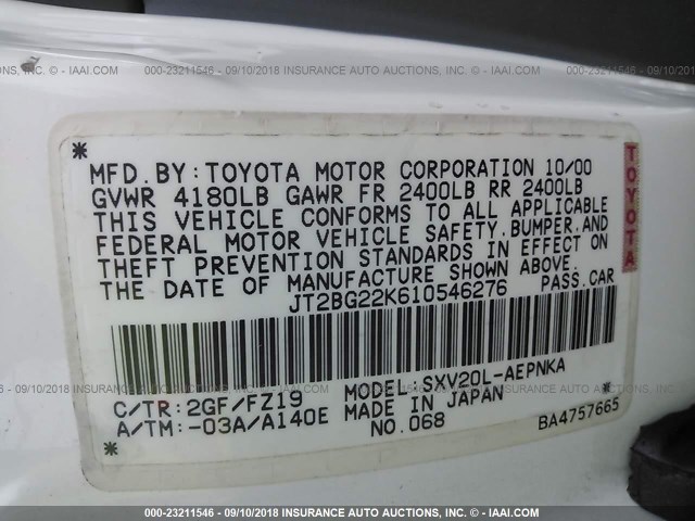 JT2BG22K610546276 - 2001 TOYOTA CAMRY CE/LE/XLE 白色 照片 9