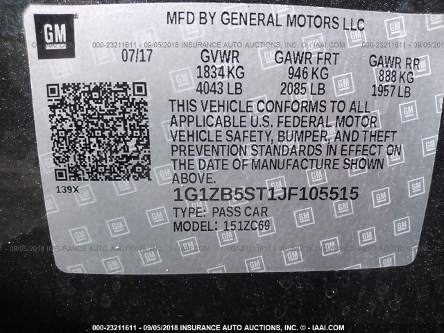 1G1ZB5ST1JF105515 - 2018 CHEVROLET MALIBU LS 灰色 照片 9