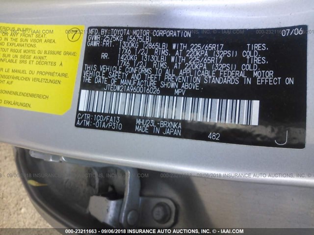 JTEDW21A960016026 - 2006 TOYOTA HIGHLANDER HYBRID SILVER photo 9