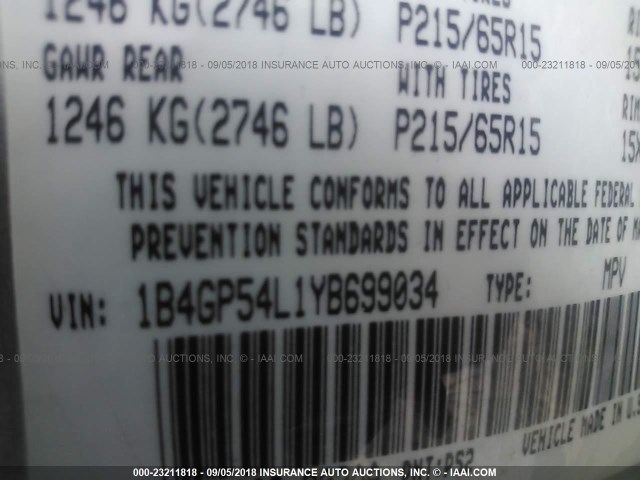 1B4GP54L1YB699034 - 2000 DODGE GRAND CARAVAN LE SILVER photo 9