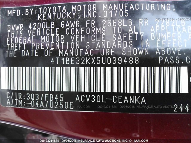 4T1BE32KX5U039488 - 2005 TOYOTA CAMRY LE/XLE/SE Tünd qırmızı foto 9