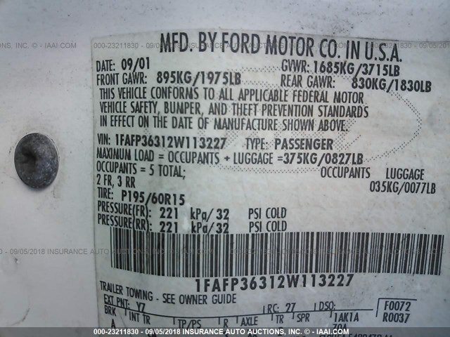 1FAFP36312W113227 - 2002 FORD FOCUS SE/SE COMFORT/ZTW/SE SPRT WHITE photo 9