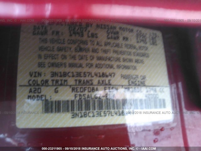 3N1BC13E57L418647 - 2007 NISSAN VERSA S/SL RED photo 9