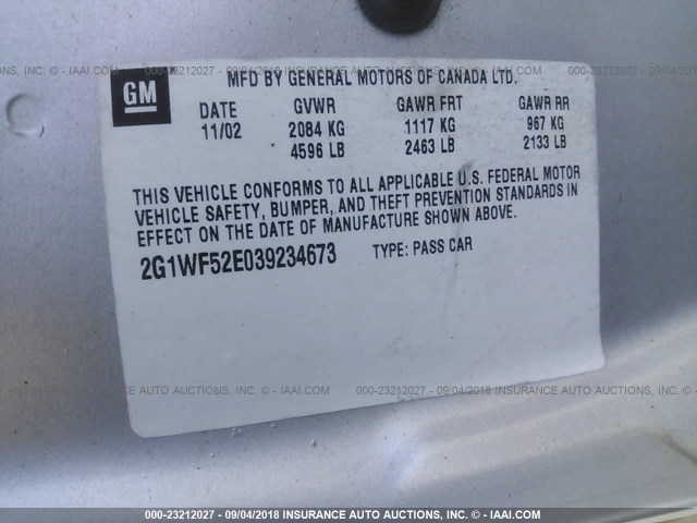 2G1WF52E039234673 - 2003 CHEVROLET IMPALA SILVER photo 9