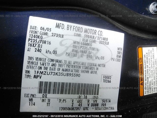 1FMZU73K35UB95590 - 2005 FORD EXPLORER XLT/XLT SPORT/NBX 蓝色 照片 9