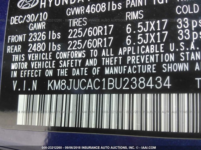 KM8JUCAC1BU238434 - 2011 HYUNDAI TUCSON GLS/LIMITED 蓝色 照片 9