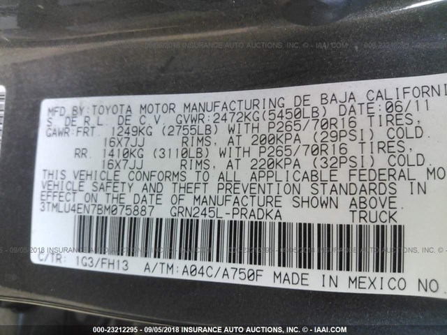 3TMLU4EN7BM075887 - 2011 TOYOTA TACOMA DOUBLE CAB ნაცრისფერი ფოტო 9