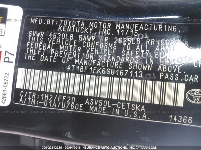 4T1BF1FK6GU167113 - 2016 TOYOTA CAMRY LE/XLE/SE/XSE 黑色 照片 9