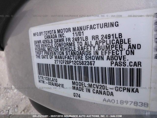 2T1CF28P12C582367 - 2002 TOYOTA CAMRY SOLARA SE/SLE Gümüş foto 9