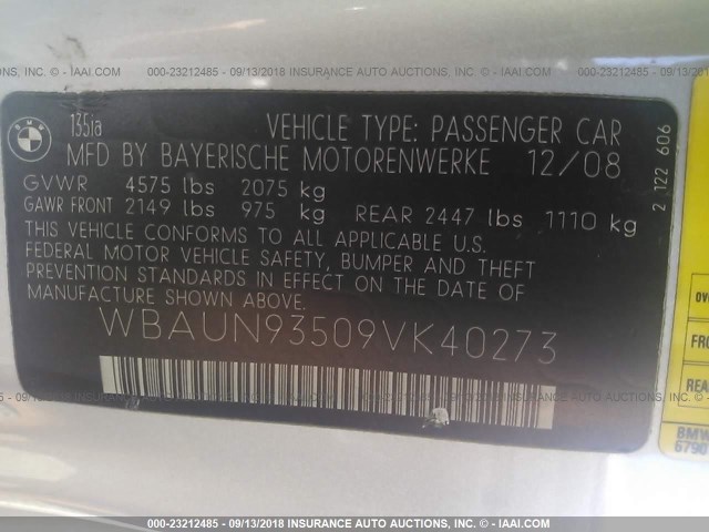 WBAUN93509VK40273 - 2009 BMW 135 I SILVER photo 9