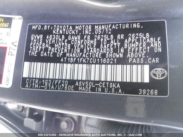 4T1BF1FK7CU116021 - 2012 TOYOTA CAMRY SE/LE/XLE GRAY photo 9
