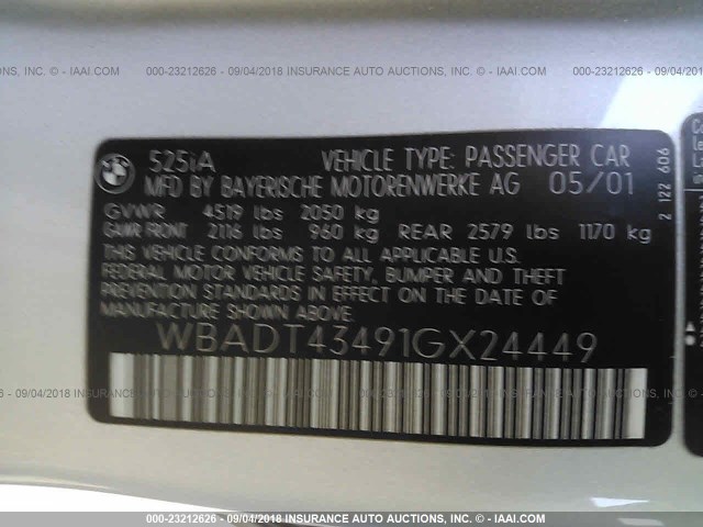 WBADT43491GX24449 - 2001 BMW 525 I AUTOMATIC SILVER photo 9