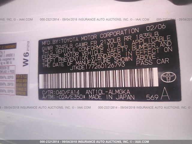 JTKDE177260126793 - 2006 TOYOTA SCION TC 白色 照片 9