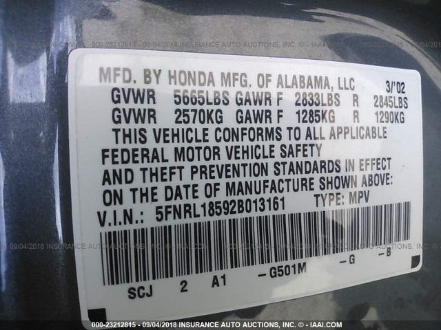 5FNRL18592B013161 - 2002 HONDA ODYSSEY LX GRAY photo 9