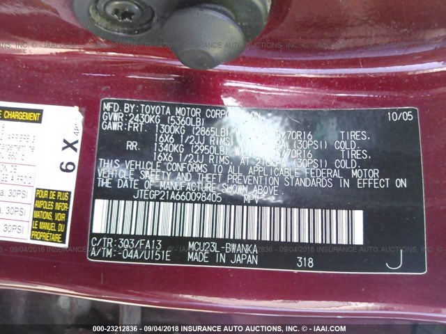 JTEGP21A660098405 - 2006 TOYOTA HIGHLANDER LIMITED RED photo 9