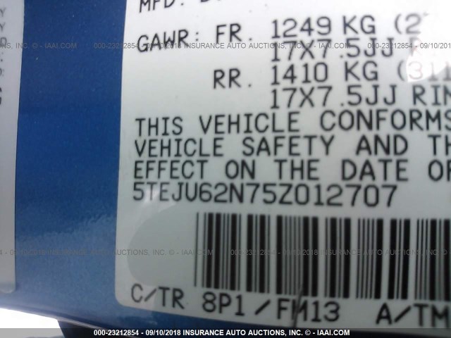 5TEJU62N75Z012707 - 2005 TOYOTA TACOMA DOUBLE CAB PRERUNNER BLUE photo 9