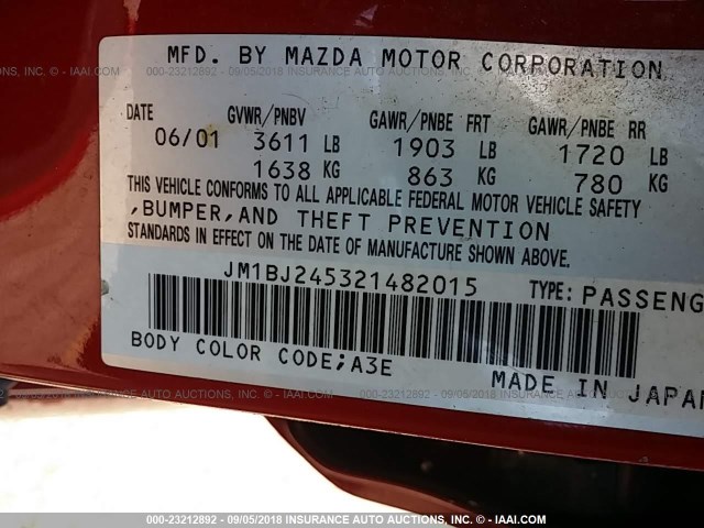 JM1BJ245321482015 - 2002 MAZDA PROTEGE PR5 红色 照片 9